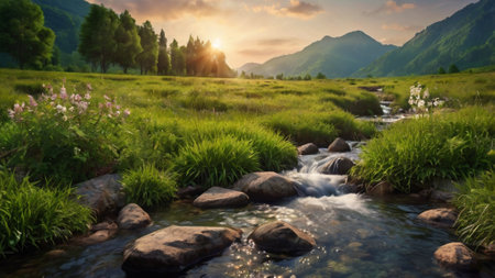 mountain landscape with a stream in the foreground and a beautiful sunsetの写真素材