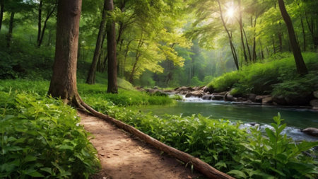 Forest river in the morning. Beautiful summer landscape with a river.