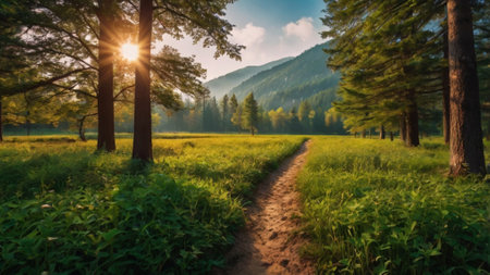 Beautiful sunset in the forest. Panoramic view of a path through the forest.の写真素材