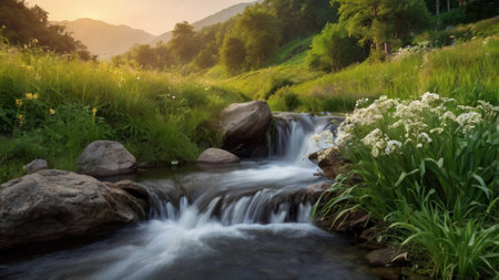 Mountain river in the summer at sunset. Beautiful mountain landscape with a waterfall.の写真素材