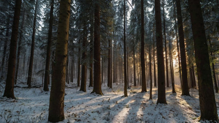 Snowy winter forest panorama with sun rays shining through the trees