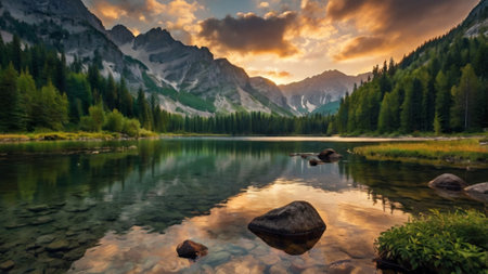 Mountain lake in the Dolomites at sunset, Italy.