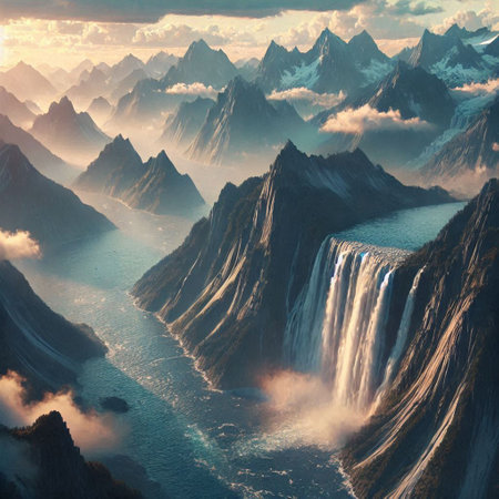 Fantasy landscape with waterfalls in the mountains. 3d rendering