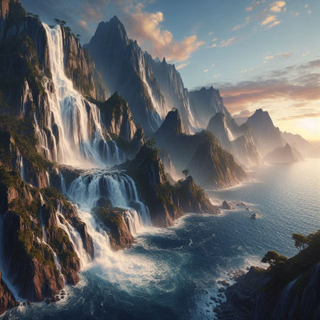 Beautiful sunset over the ocean and waterfall in the mountains. Nature background