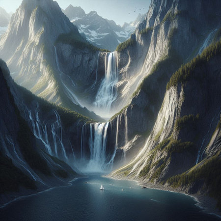 Waterfall in the mountains. Waterfall in the mountains. 3d rendering