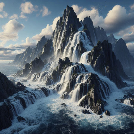 Fantasy alien planet. Mountain and waterfalls. 3D illustrationの写真素材