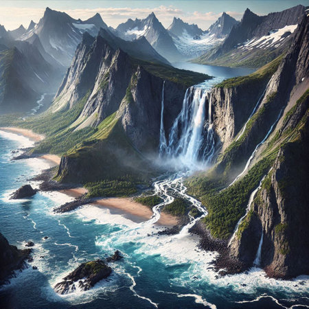 Beautiful mountain landscape with a waterfall in the middle of the seaの写真素材