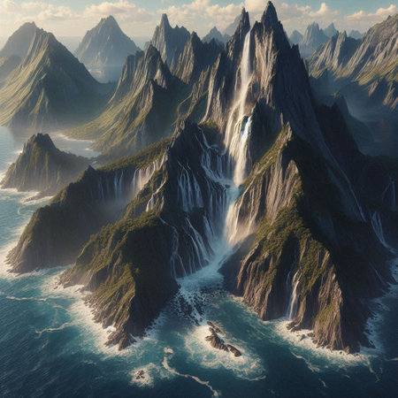 Fantasy alien planet. Mountain and waterfalls. 3D rendering
