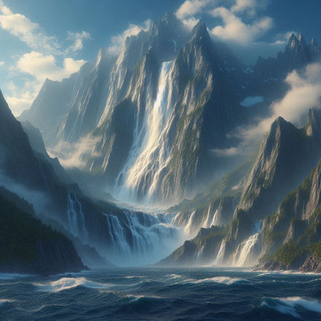 Fantasy alien planet. Mountain and waterfalls. 3D illustrationの写真素材