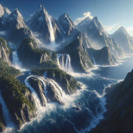 Fantasy alien planet. Mountain and waterfalls. 3D illustrationの写真素材