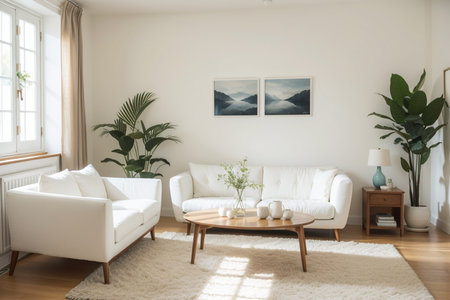 interior of modern living room with white sofa, coffee table and plantの写真素材