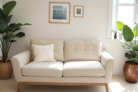 Modern living room interior with white sofa, plant and picture frame.の写真素材