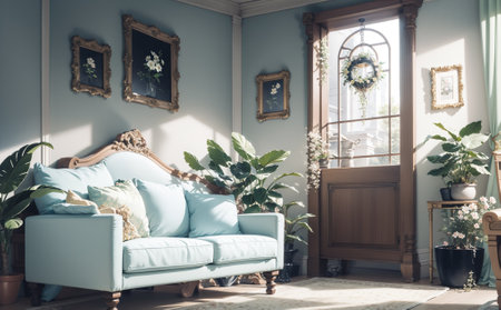 modern living room interior design with blue sofa and flowers - vintage filterの写真素材