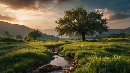 Sunset in the mountains. Beautiful summer landscape with river and treeの写真素材