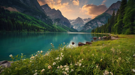 Panoramic view of alpine lake in summer, Switzerland.の写真素材