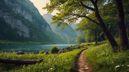 Beautiful summer landscape with mountain river and forest. Beautiful nature scenery