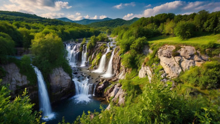 Panoramic view of the waterfall in the Carpathian mountainsの写真素材