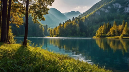 Beautiful view of the alpine lake in the mountains. Beautiful summer landscape.の写真素材