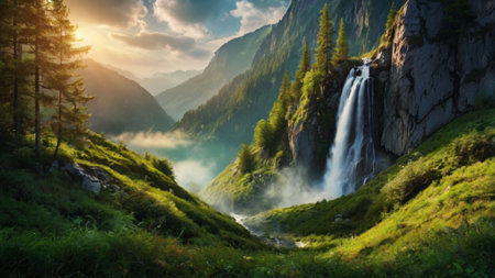 Beautiful waterfall in the mountains at sunset. Summer landscape with waterfall.の写真素材