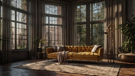 interior of the living room with yellow sofa. 3D illustration