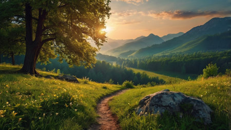 Beautiful sunset in the mountains. Landscape with green meadow and trees