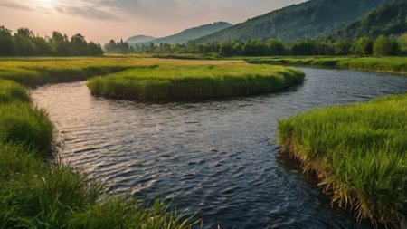 Beautiful landscape with the river and mountains in the background at sunsetの写真素材