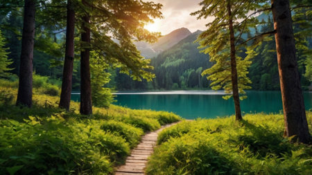 Panoramic view of idyllic mountain lake with wooden path and green fernsの写真素材