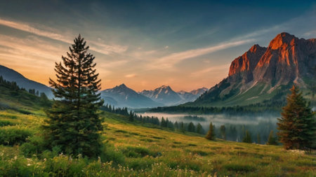 Mountain landscape with lake and coniferous forest at sunset.