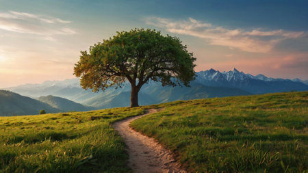 Alone tree on the meadow in mountains at sunset. Beautiful summer landscapeの写真素材