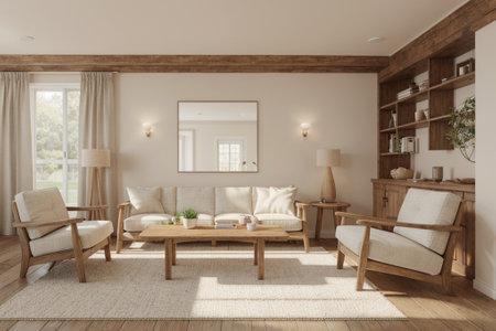 Interior of modern living room with wooden walls, tatami floor, comfortable sofa and wooden coffee...