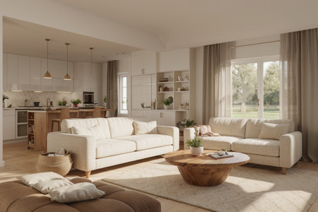 Interior of modern living room with beige sofa 3d render
