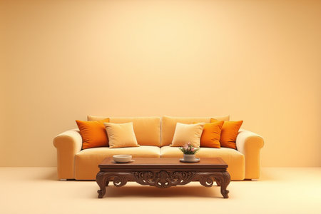 Modern bright interiors 3D rendering illustration with orange sofa and coffee table