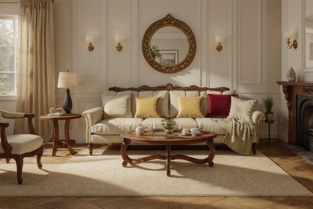 Luxury living room interior with sofa and armchairs. Nobody inside