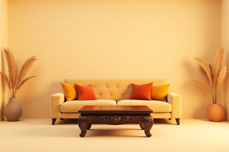 yellow sofa with orange cushions and wooden coffee table in the roomの写真素材
