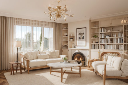 Living room interior with a sofa, a coffee table and a fireplaceの写真素材