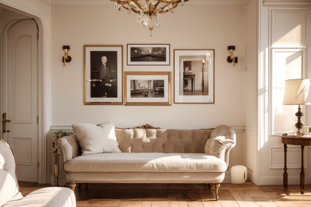 Living room interior in classic style with sofa, coffee table and picture frames
