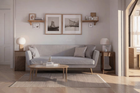 Living room interior with sofa, lamp and bookshelf. 3d render