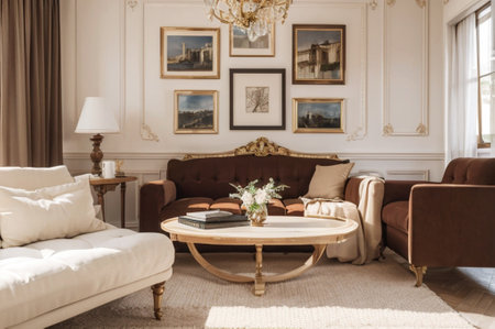 Luxury living room interior with sofa, coffee table and paintings