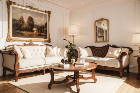 Luxury living room interior in classic style. Sofa, coffee table and paintings on the wall.の写真素材