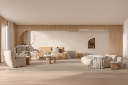 Interior of modern living room with white walls, wooden floor, beige sofa standing near round coffee...