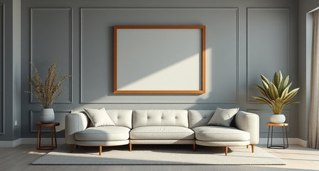 Interior of living room with sofa and mock up poster frame, 3d render
