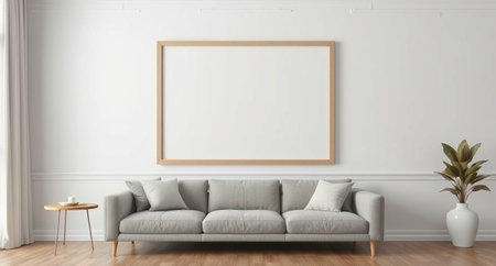 Modern bright interiors apartment with mockup poster frame 3D rendering illustration