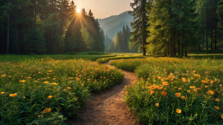 Sunset in the mountains with a trail through the meadow of yellow flowersの写真素材