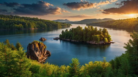Panoramic view of the mountain lake. Beautiful summer landscape.