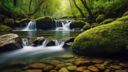 Beautiful waterfall in the green forest. Beautiful nature landscape. Soft focus.の写真素材