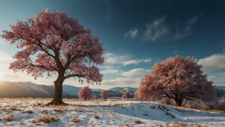 Beautiful pink cherry tree on a snowy meadow in the mountainsの写真素材