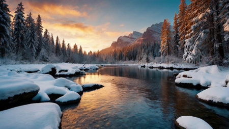 Mountain river in the winter forest at sunset. Beautiful winter landscape.の写真素材