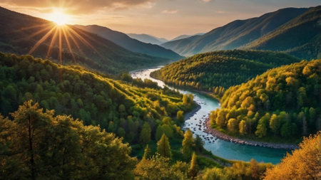 Panoramic view of the mountain river at sunset. Beautiful summer landscape.の写真素材