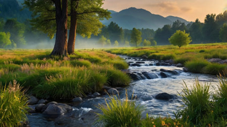 Beautiful landscape with a river in the mountains at sunrise. The mountain river flows through the...