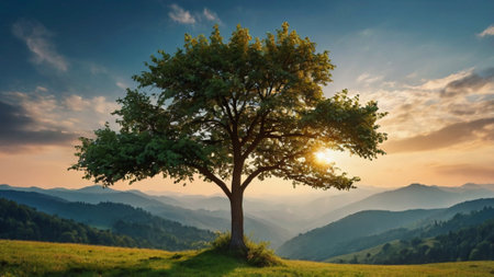 Tree in the mountains at sunset. Beautiful summer landscape with a lonely tree.
